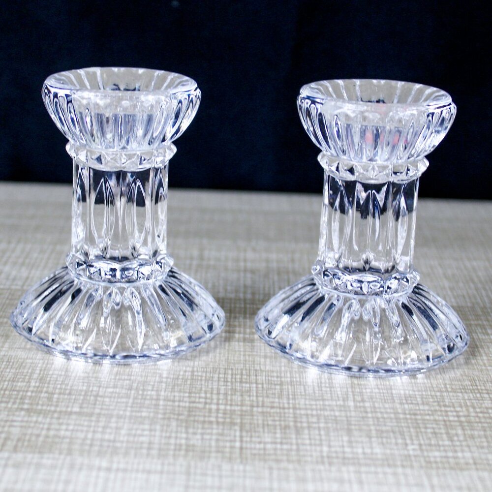 Vintage Mikasa Jubilation Fluted Clear Crystal Candle Holders Set of 2 3" MCM